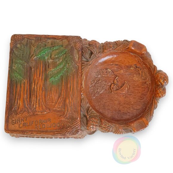 VTG ANCO Redwood Ashtray Cigarette Box Mid Century Resin Bakelite Kitschy - Picture 3 of 16